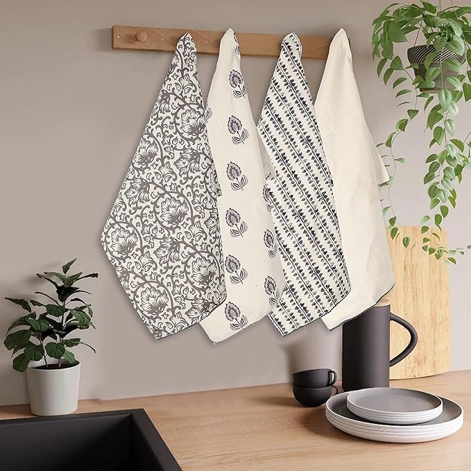 TARAN LIVING Kitchen Towels Dish Towels for Kitchen- Gray & Beige Tea Towels for Kitchen-Bar Towels for Kitchen-KitchenTowels and dishcloths-Printed Floral 18"x28" Pack of 4
