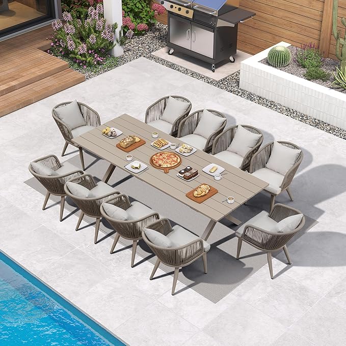 PURPLE LEAF 11 Pieces Patio Dining Table Set Wicker Outdoor Furniture Rectangular Table and Chairs Set for Garden Deck Aluminum Frame Backyard Kitchen Set, Cushions and Pillows Included Champagne