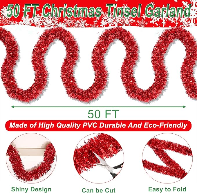 50 FT Red Christmas Tinsel Garland Christmas Decorations for Xmas Tree Decor, Shiny Metallic Twist Hanging Tinsel Garlands for Stairs Mantle Fireplace Home Indoor Outdoor Holiday Party Supplies