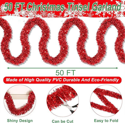 50 FT Red Christmas Tinsel Garland Christmas Decorations for Xmas Tree Decor, Shiny Metallic Twist Hanging Tinsel Garlands for Stairs Mantle Fireplace Home Indoor Outdoor Holiday Party Supplies