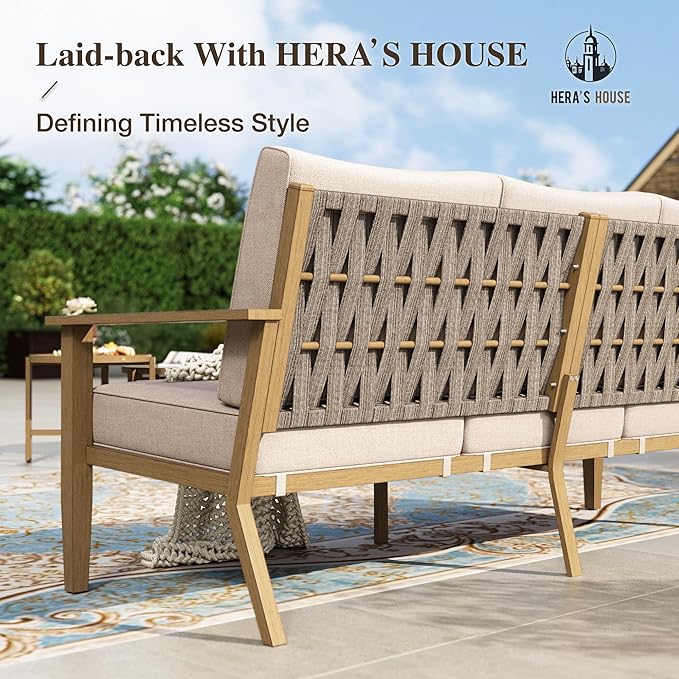 HERA'S HOUSE Patio Furniture Set 7-Piece, Metal Outdoor Conversation Set with Wood Grain Finish, 2 x Leg Chair, 2 x Swivel Outdoor Chair, 1 x 3-Seat Chair, 2 x Multi-Functional Table Garden Deck Lawn