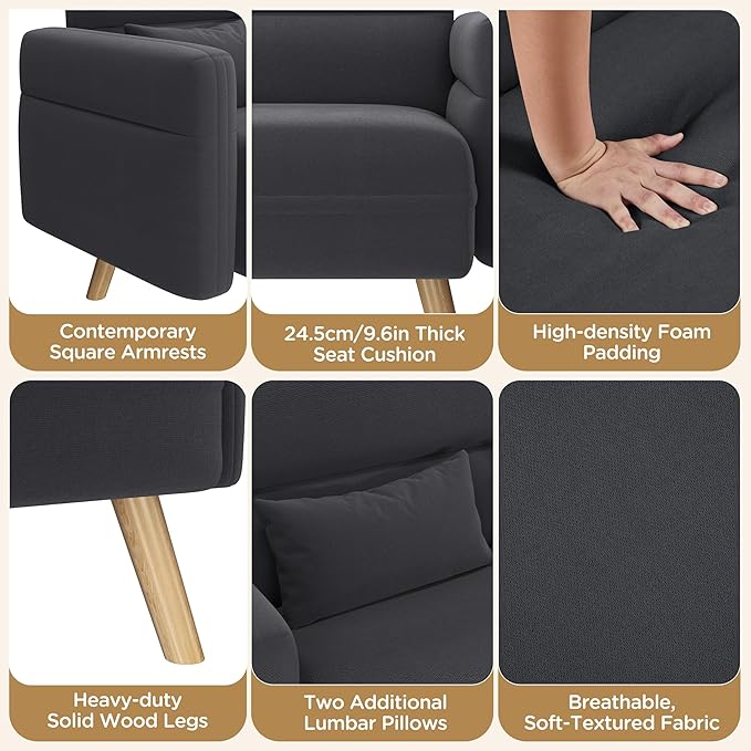 Yaheetech 46" Small Modern Fabric Loveseat Mid Century 2 Seater Sofa with Lumbar Pillows Solid Wood Legs, Dark Gray
