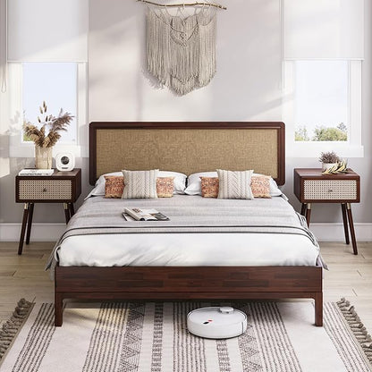 Bme Nipe Queen 14 Inch Bohemian Bed Frame with Adjustable Woven Headboard - Rustic & Vintage Unique Style with Acacia Wood - No Box Spring Needed - Easy Assembly - Walnut