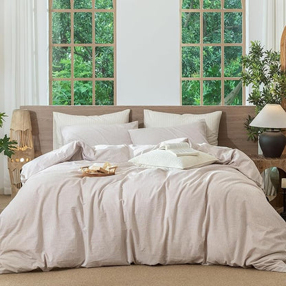 MooMee Striped Duvet Cover Set 100% Washed Cotton Linen Like Textured Breathable Durable Soft Comfy (Orange Pinstripes, Cal King 104"x98")