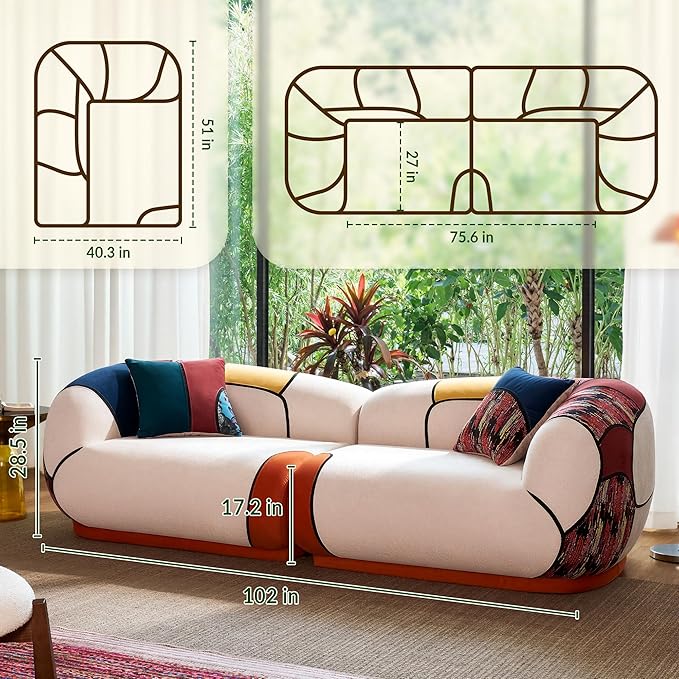 YINIX 102" Oversized Modern Curved Sofa, Minimalist 4-Seat Chenille Couch for Living Room Apartment, Boneless Sectional Floor Lounge Couches with Bohemian Style Pillows, No Assembly