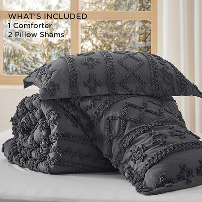Bedsure Tufted Boho Comforter Set Full Size - Dark Grey Boho Bed Set, GentleSoft™ 3 Pieces Farmhouse Shabby Chic Embroidery Bedding, Gifts for Woman, Soft Jacquard Full Comforter for All Seasons