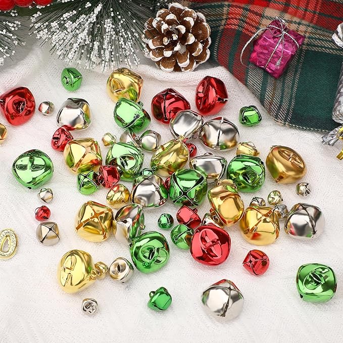Augshy 240 Pieces Colorful Jingle Bells 4 Colors Mixed Craft Bell Bulk for Christmas Home and Pet Decorations Xmas Decor Party Favors Supplies (0.4/0.6/1 inch)