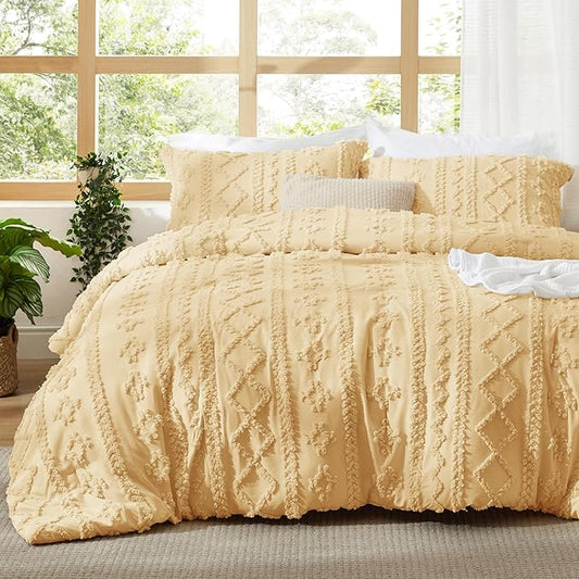 Bedsure Tufted Boho Comforter Set California King - Yellow Boho Bed Set, GentleSoft™ 3 Pieces Farmhouse Shabby Chic Embroidery Bedding, Gifts for Woman, Soft Jacquard Comforter for All Seasons