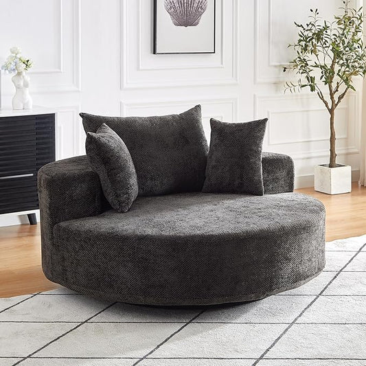 KEIKI 55" Oversized Swivel Accent Chair, Large Barrel Chairs Upholstered Round Swivel Chair, Chenille Single Sofa Armchair, Sleeper Chair for Living Room, Lounge, Black