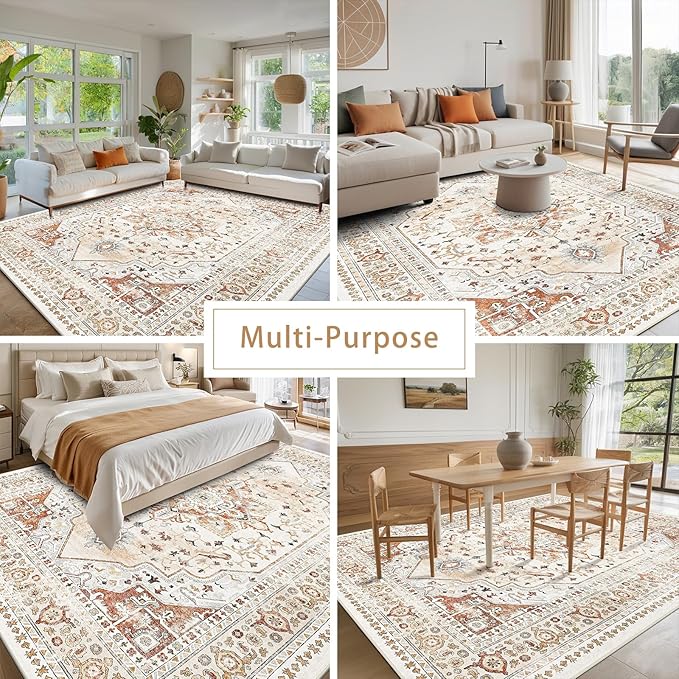 Washable Rugs 8x10 Area Rugs for Living Room,Rugs for Bedroom,Large Carpets,Ultra Soft Faux Wool Retro Dining Room Rug,Non Slip&Non-Shedding Low Pile Vintage Print Rug for Home Office,Orange