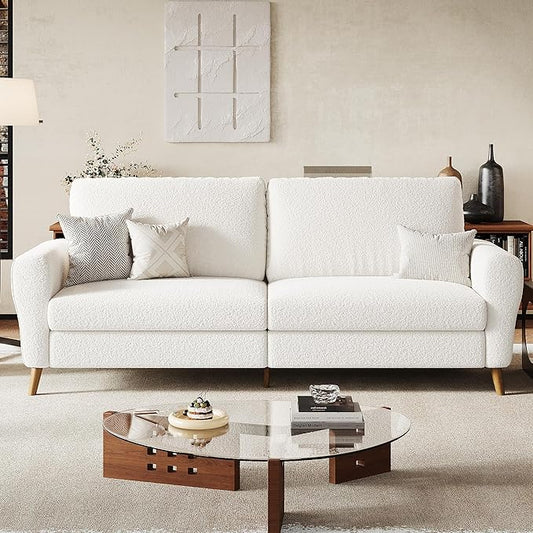 GarveeHome 84" Sofa Couch, Large Loveseat Sofa with Wide Armrests, Deep Seats & Wood Feet, 3 Seater Modern Boucle Sofa, Comfy Couches for Living Room Bathroom Small Spaces, White