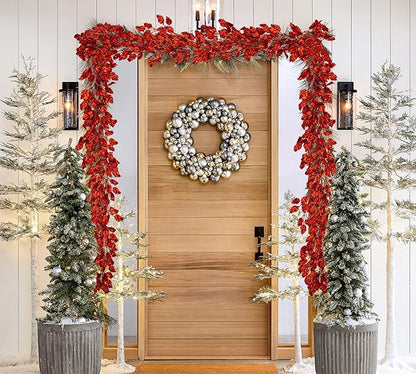 3 Pcs 6FT Christmas Garland Red Glittered Artificial Holly Leaves for Mantle Christmas Tree Decorations Indoor Outdoor Hanging Garland Ornaments Home Decor Garden Door Wall Window Stair Decoration