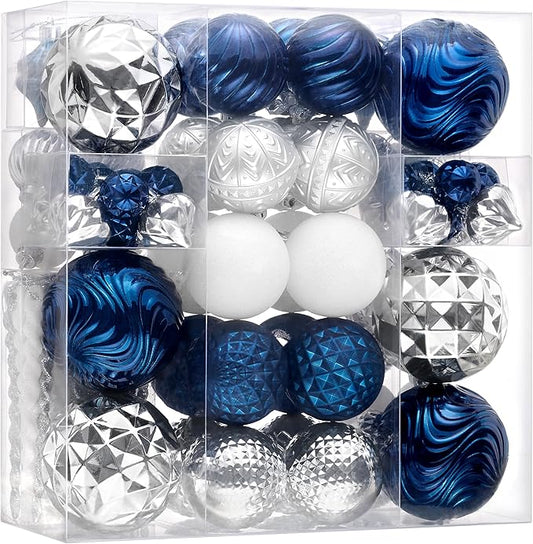 Valery Madelyn 100ct Christmas Tree Decorations Ball Ornament Set, Navy Blue Silver Shatterproof Hanging Ornaments Bulk for Xmas Holiday Party Decor