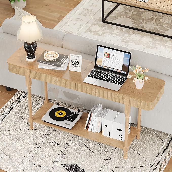 63'' Fluted Console Table with 2 Drawers, 2-Tier Long Entryway Tables with Open Storage, Wooden Narrow Sofa Table Behind Couch, Foyer Accent Table for Living Room, Hallway, Entrance (Natural)