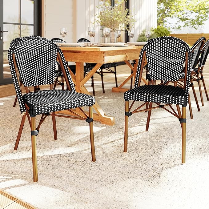 Martha Stewart Lily Pond Indoor Outdoor Stackable Aluminum Bistro Outdoor Chair with Natural Woodgrain Frame Finish and Black/White Woven Rattan Backrest and Seat