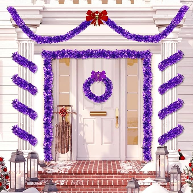 33FT Purple Tinsel Christmas Garland Metallic Twist Shiny Garland for Christmas Tree Decorations, Xmas Holiday Hanging Garland for Home Indoor Outdoor Party Supplies Holiday Decor