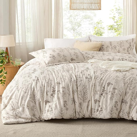 Bedsure Queen Comforter Set - Beige Bed Set, 3 Pieces Cute Floral Bedding, 1 Soft Botanical Flowers Comforter and 2 Pillow Shams