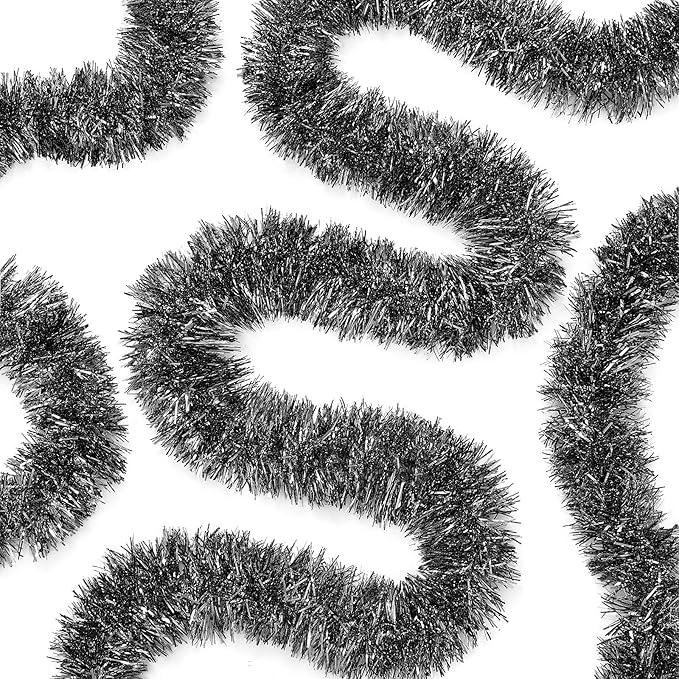 WILLBOND 50 ft Christmas Tinsel Garland Metallic Tinsel Twist Garland Christmas Tree Decorations New Year Wedding Birthday Hanging Decorations Party Supplies, 3 Inch(Black)