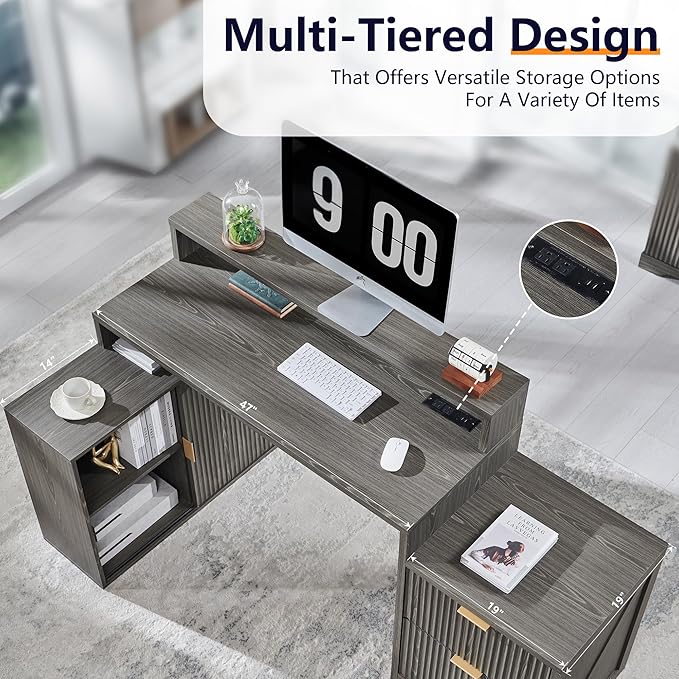 JXQTLINGMU 67" Modern L Shaped Desk with Storage Cabinet & Drawers, Wood Home Office Desk with Power Outlets, Fluted Computer Writing Desk, Grayish Green