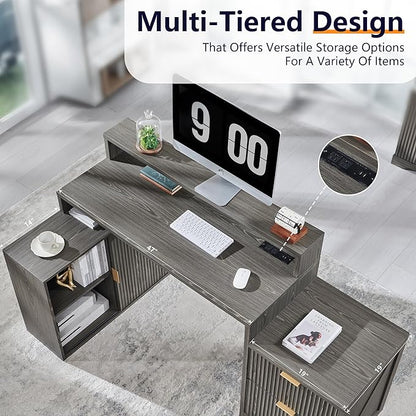 JXQTLINGMU 67" Modern L Shaped Desk with Storage Cabinet & Drawers, Wood Home Office Desk with Power Outlets, Fluted Computer Writing Desk, Grayish Green