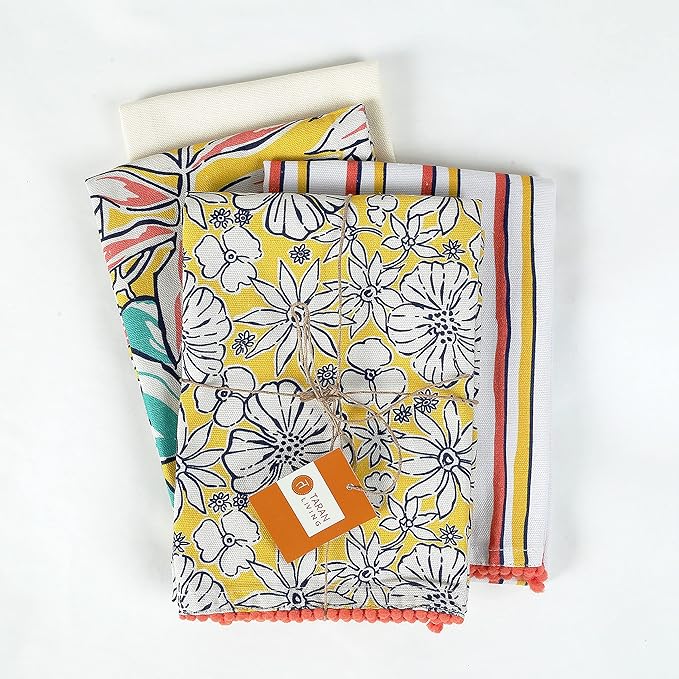 TARAN LIVING Valentine's Printed Kitchen Dish Bar and Tea Towels Cotton, 18x28 inch with Trims, Cotton Dish Towel Sets (Yellow, Set of 4)