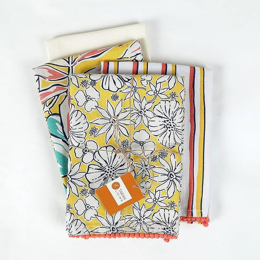 TARAN LIVING Valentine's Printed Kitchen Dish Bar and Tea Towels Cotton, 18x28 inch with Trims, Cotton Dish Towel Sets (Yellow, Set of 4)