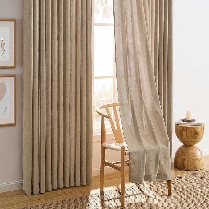 Dark Flax Pinch Pleated Linen Curtains 120 Inches Long Semi Sheer Memory Trained Ripple Fold Curtain with Hooks Back Tab Textured Light Filtering Drapes for Bedroom Living Room 42x120 Set of 2