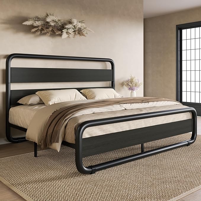SHA CERLIN Full Size Metal Bed Frame with Wooden Headboard and Footboard, Heavy Duty Oval-Shaped Platform Bed Frame with 10" Under-Bed Storage, Noise Free, No Box Spring Needed, Black
