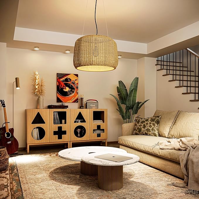 WERMO 37'' Showcase Display Cabinet with Geometric Cut-Out Doors - Modern Curio Cabinet for Dining Room, Living Room, Entryway. Trophy Case and Collectible Display Case Wood with Door & Storage Consoles (Oak)