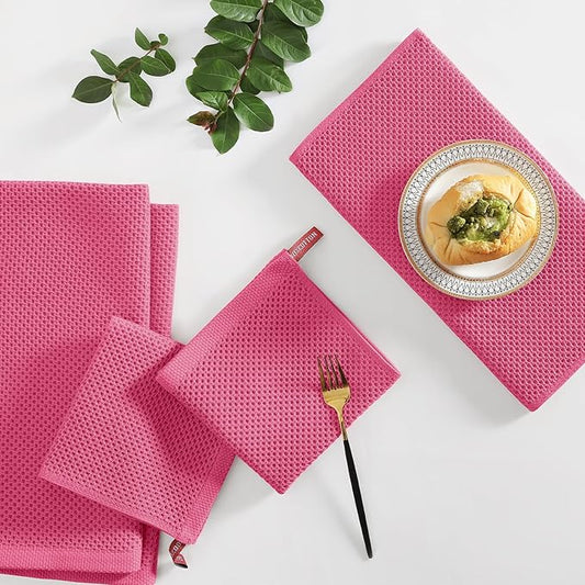 Homaxy 100% Cotton Kitchen Towels and Dishcloths Set, 12 x 12 Inches and 13 x 28 Inches, Set of 8 Bulk Kitchen Towels Set, Ultra Soft Absorbent Dish Cloths for Washing Dishes, Hot Pink