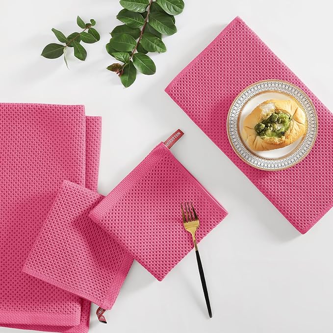 Homaxy 100% Cotton Kitchen Towels and Dishcloths Set, 12 x 12 Inches and 13 x 28 Inches, Set of 12 Bulk Kitchen Towels Set, Ultra Soft Absorbent Dish Cloths for Washing Dishes, Hot Pink