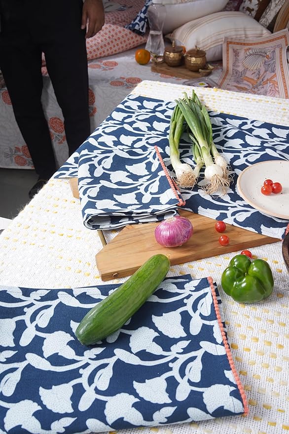 TARAN LIVING Printed Kitchen Dish Bar and Tea Towels Cotton, 18x28 inch with Trims, Cotton Dish Towel Sets (Allover Blue, Set of 6)