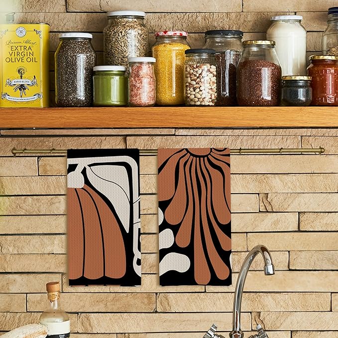 Boho Floral Kitchen Towels Botanical Waffle Weave Tea Towels Black and White Flowers