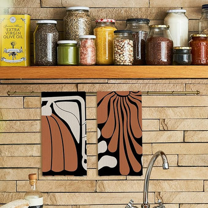 Boho Floral Kitchen Towels Botanical Waffle Weave Tea Towels Black and White Flowers