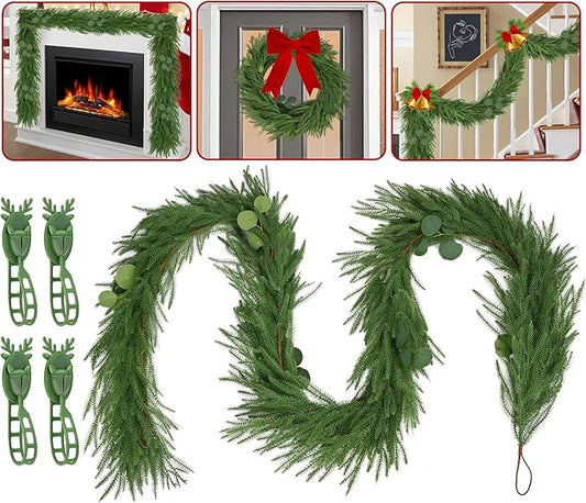 Christmas Garland Mixed with Eucalyptus,9FT Artificial Realistic Norfolk Pine Garland,Real Touch Cedar Pine Thick Greenery Faux Garland for Xmas Mantle,Stairs,Window,Fireplace(1, with 4 Ties)
