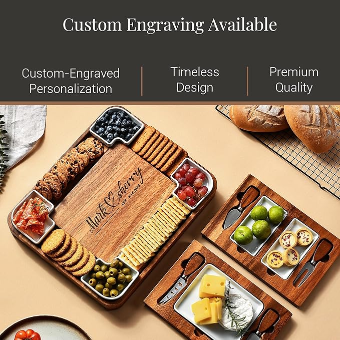 Shanik Upgraded Acacia Cheese Board Set, Square Shaped Charcuterie Set, Cheese Platter, Handcrafted Design and Stainless SteelCutlery Set - Gift for Any Occasion with Engraving