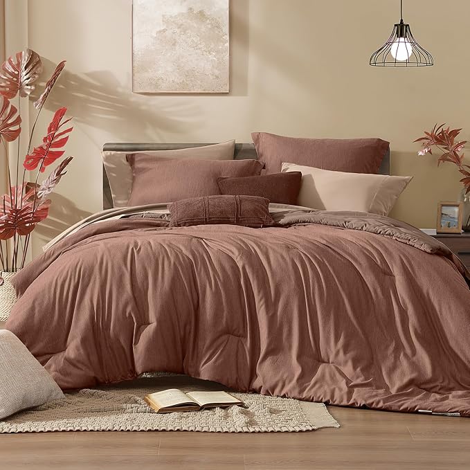 Monbix Twin XL Comforter Set Terracotta, Cationic Dyeing Bedding Set Reversible 5 Pieces, All Season Bed in a Bag with Comforter, Sheets, Pillowcase & Sham