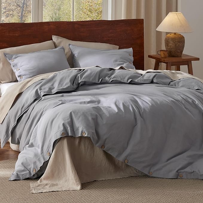 Bedsure Linen Duvet Cover Queen - Linen Cotton Blend Bedding Set, Soft & Cozy, 3 Pieces, 1 Duvet Cover 90x90 Inches and 2 Pillowcases, Silver Grey Color Cooling Bedding, Comforter Sold Separately