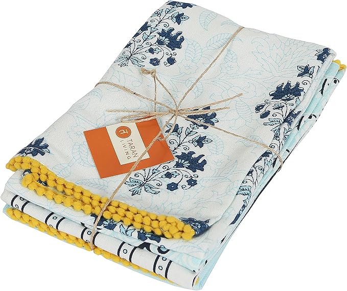 TARAN LIVING Printed Kitchen Dish Bar Tea Towels Cotton with Trims Hand Towel Gift for Mothers Day Cotton Dish Towel Sets Gift for Mom - White & Blue, Set of 4-18x28 inches