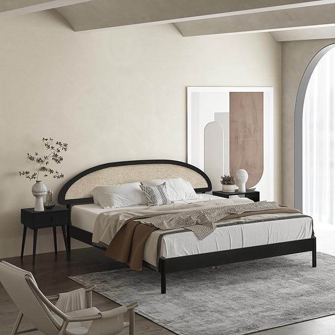 NTC Gem Wooden Bed Frame with Headboard and Natural Rattan, Solid Oak Foundation with Silent Slats, 1000 Lb Capacity, Effortless Assembly, King - Burnt Black