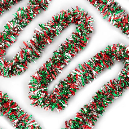 50 Feet Red Green Silver Christmas Tinsel Garland - Metallic Twist Shiny for Tree Decorations, Xmas Hanging Decor for Home Mantle Indoor Outdoor Holiday Party