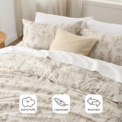 Bedsure Queen Comforter Set - Beige Bed Set, 3 Pieces Cute Floral Bedding, 1 Soft Botanical Flowers Comforter and 2 Pillow Shams