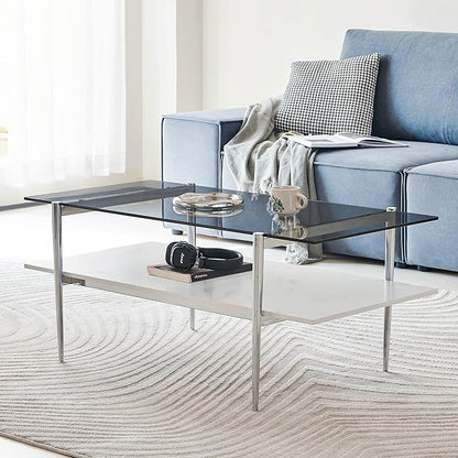 AGV LIGHTING Tadio Glass Coffee Table, Mid-Century Modern Coffee Table for Living Room, Chrome Finish Leg, Gray Glass Top & Faux Marble Wood Shelf, 41 in