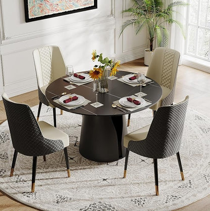 POVISON 51" Round Dining Table for 4, Modern Dining Table Round, Matte Black Sintered Stone Tabletop with Solid Black Carbon Steel Pedestal (Dining Rooom Table Only)
