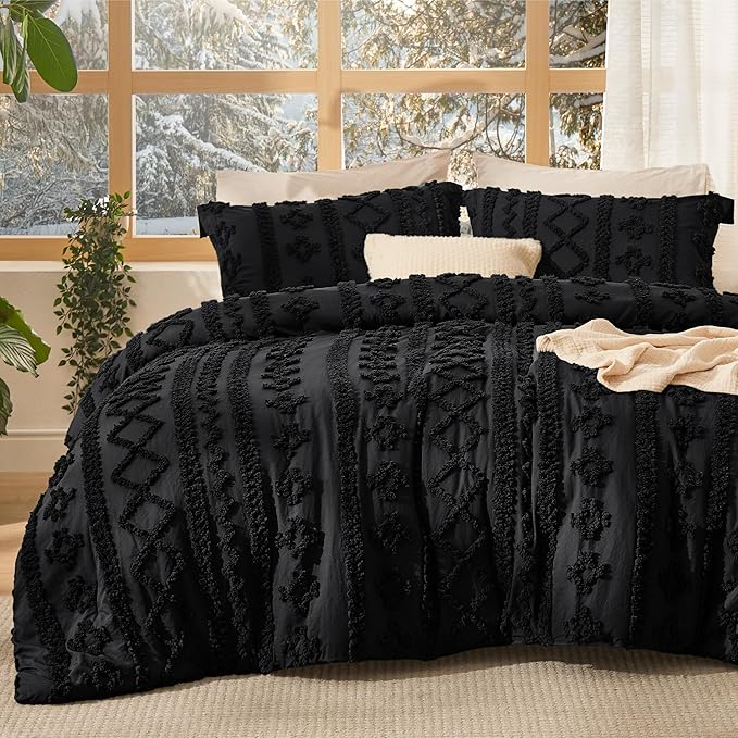 Bedsure Tufted Boho Comforter Set Oversized King - Black Boho Bed Set, GentleSoft™ 3 Pieces Farmhouse Shabby Chic Embroidery Bedding, Gifts for Woman, Soft Jacquard Comforter for All Seasons