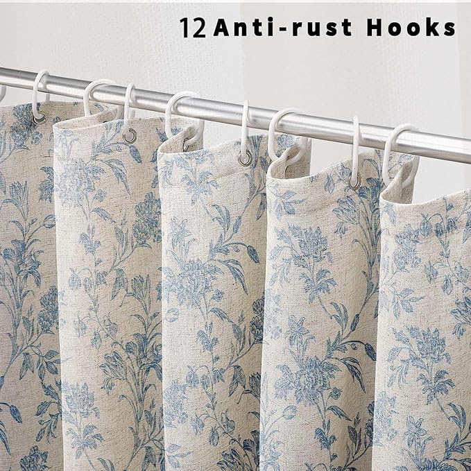 Extra Long Blue Shower Curtain Floral Cotton Linen Cottagecore Shower Curtain for Bathroom 90" L x 72" W