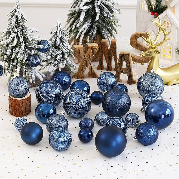 Christmas Ball Ornaments Navy Blue Christmas Tree Decorations with Hang Rope-36pcs Shatterproof Christmas Ornaments Set with 6 Styles in 3 Sizes(Small Medium Large)