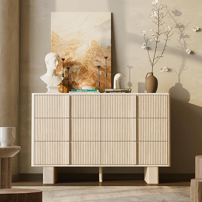 Fluted 6 Dresser for Bedroom, 47'' Modern Drawer Dressers with 2 Widened Reinforced Legs for Living Room, Hallway, Whitewashed Oak