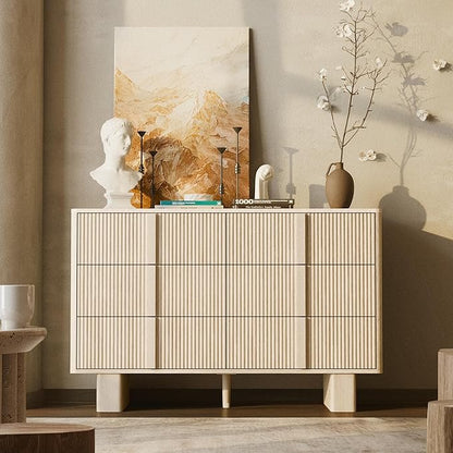 Fluted 6 Dresser for Bedroom, 47'' Modern Drawer Dressers with 2 Widened Reinforced Legs for Living Room, Hallway, Whitewashed Oak