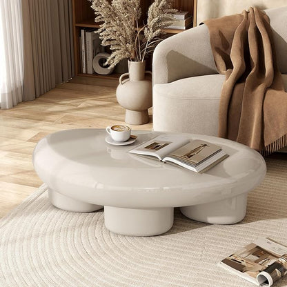 24/7 Shop at Home Kavren Modern 37-inch 3-Piece Oval Glossy Low Profile Coffee Table Set, Stone Shape Living Room Furniture for Small Space, Ivory